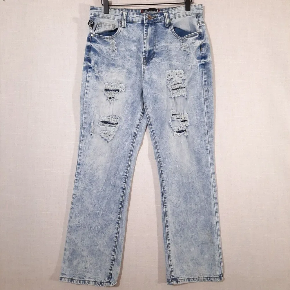 Akademiks Distressed Jeans Size 18 Straight Leg High Rise Acid Wash Stretch - Picture 2 of 15
